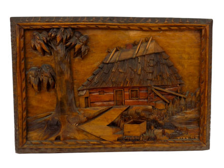 Płaskorzeźba Obraz ZAGRODA WIEJSKA Feliks Maik PRL