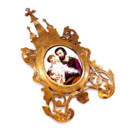 Miniatura na porcelanie św. JÓZEF z dzieciątkiem IKONA XIX w