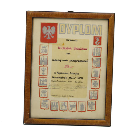 DYPLOM UZNANIA Fabryka Manometrów Mera KFM 1973 Włocławek Herb Włocławka PRL