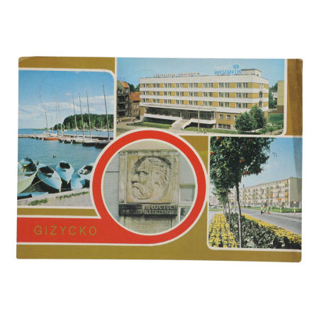 Pocztówka z Giżycka Przystań AZS, Hotel Wodnik, Popiersie Wojciecha Kętrzyńskiego